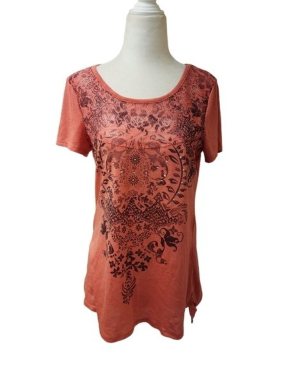 VTG Y2K Faded Glory Graphic Tee M Coral Boho Mandala Rhinestone Grunge Fairy Top